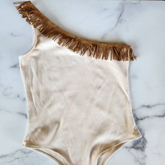 Pocahontas one shoulder tan beige bodysuit cotton fringe trim tribal costume - Picture 3 of 8